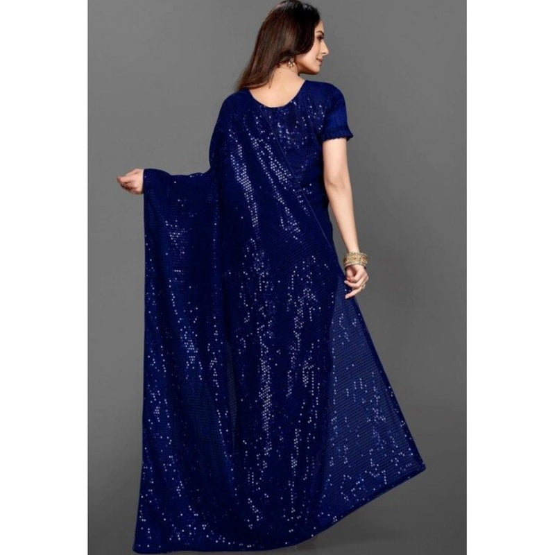 Mayawye Women's Georgette Embellished Sequnece Bollywood Saree With Unstitched Blouse 5.5Mtr (Blue)