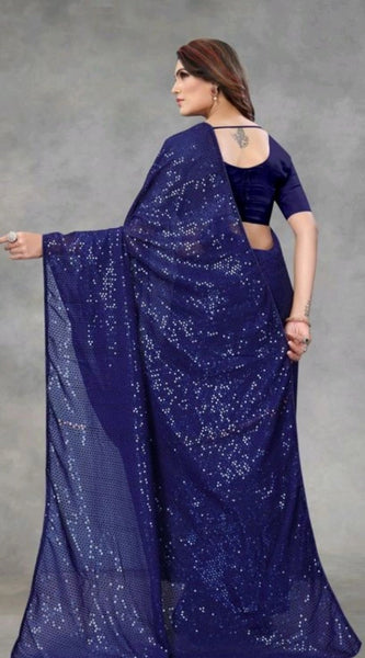 Mayawye Women's Georgette Embellished Sequnece Bollywood Saree With Unstitched Blouse 5.5Mtr (Blue)