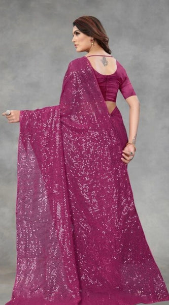 Mayawye Women's Georgette Embellished Sequnece Bollywood Saree With Unstitched Blouse 5.5Mtr (Purple)