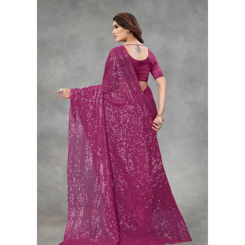 Mayawye Women's Georgette Embellished Sequnece Bollywood Saree With Unstitched Blouse 5.5Mtr (Purple)