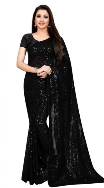 Mayawye Women's Georgette Embellished Sequnece Bollywood Saree With Unstitched Blouse 5.5Mtr (Black)
