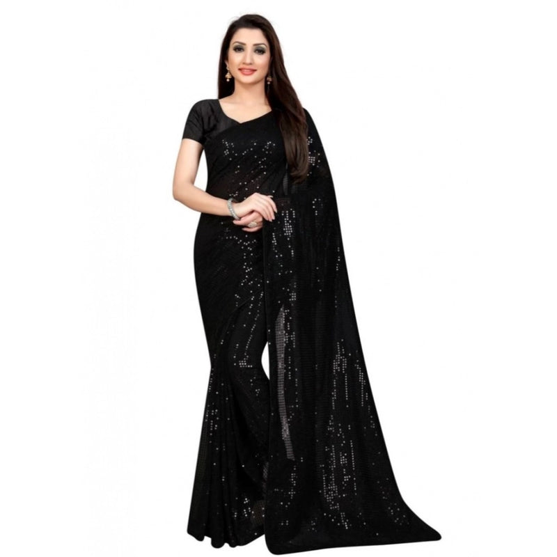 Mayawye Women's Georgette Embellished Sequnece Bollywood Saree With Unstitched Blouse 5.5Mtr (Black)