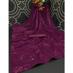 Mayawye Women's Georgette Embellished Sequnece Bollywood Saree With Unstitched Blouse 5.5Mtr (Purple)