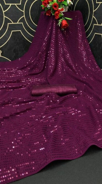 Mayawye Women's Georgette Embellished Sequnece Bollywood Saree With Unstitched Blouse 5.5Mtr (Purple)