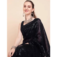 Mayawye Women's Georgette Embellished Sequnece Bollywood Saree With Unstitched Blouse 5.5Mtr (Black)