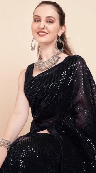 Mayawye Women's Georgette Embellished Sequnece Bollywood Saree With Unstitched Blouse 5.5Mtr (Black)