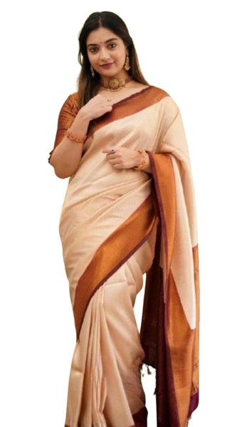 Mayawye Women's Silk Printed Saree With Unstitched Blouse 5.5Mtr (Cream)