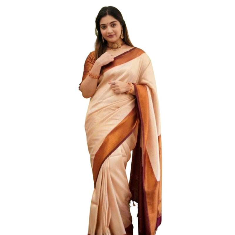 Mayawye Women's Silk Printed Saree With Unstitched Blouse 5.5Mtr (Cream)
