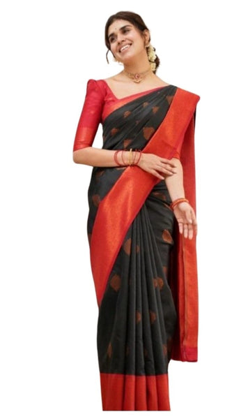 Mayawye Women's Silk Printed Saree With Unstitched Blouse 5.5Mtr (Black)