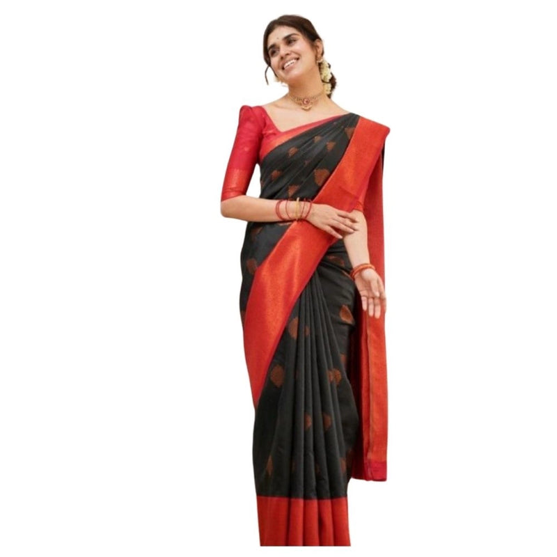 Mayawye Women's Silk Printed Saree With Unstitched Blouse 5.5Mtr (Black)