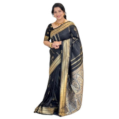 Mayawye Women's Silk Printed Saree With Unstitched Blouse 5.5Mtr (Black)