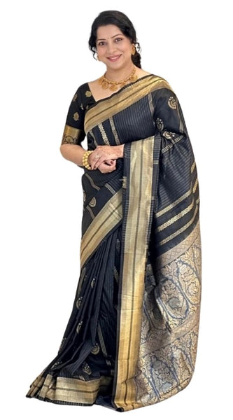 Mayawye Women's Silk Printed Saree With Unstitched Blouse 5.5Mtr (Black)