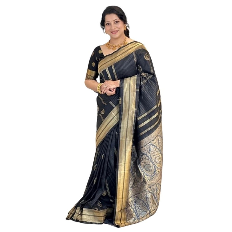 Mayawye Women's Silk Printed Saree With Unstitched Blouse 5.5Mtr (Black)