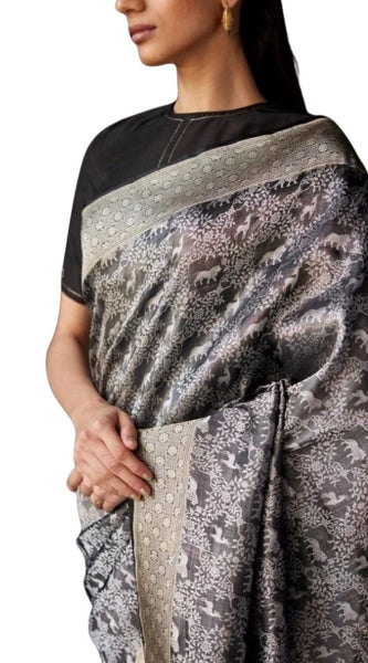 Mayawye Women's Silk Printed Saree With Unstitched Blouse 5.5Mtr (Grey)