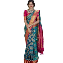Mayawye Women's Silk Printed Saree With Unstitched Blouse 5.5Mtr (Teal Blue)