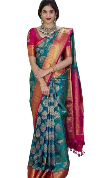 Mayawye Women's Silk Printed Saree With Unstitched Blouse 5.5Mtr (Teal Blue)
