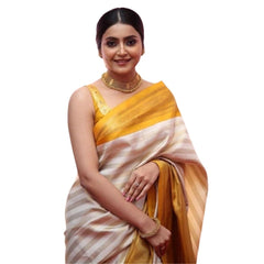 Mayawye Women's Silk Printed Saree With Unstitched Blouse 5.5Mtr (Off White-Yellow)