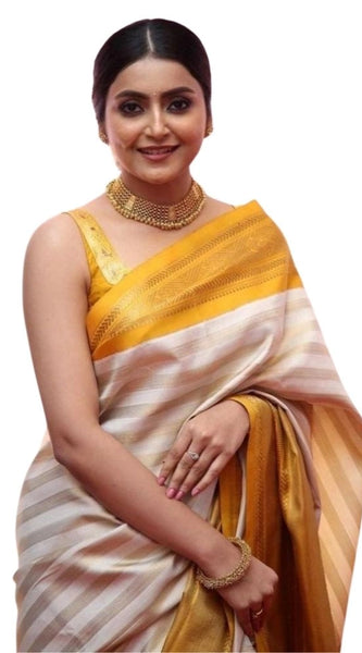 Mayawye Women's Silk Printed Saree With Unstitched Blouse 5.5Mtr (Off White-Yellow)