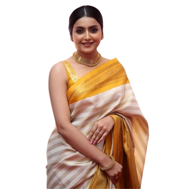 Mayawye Women's Silk Printed Saree With Unstitched Blouse 5.5Mtr (Off White-Yellow)