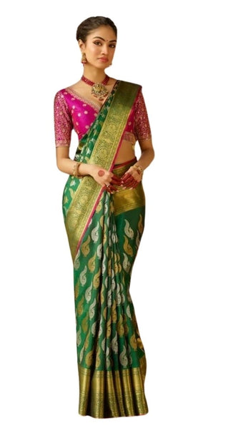 Mayawye Women's Silk Printed Saree With Unstitched Blouse 5.5Mtr (Green)