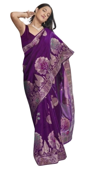 Mayawye Women's Silk Printed Saree With Unstitched Blouse 5.5Mtr (Purple)