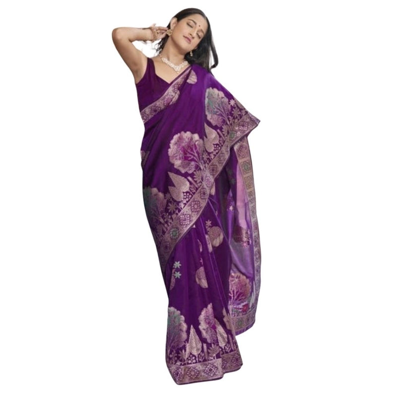 Mayawye Women's Silk Printed Saree With Unstitched Blouse 5.5Mtr (Purple)