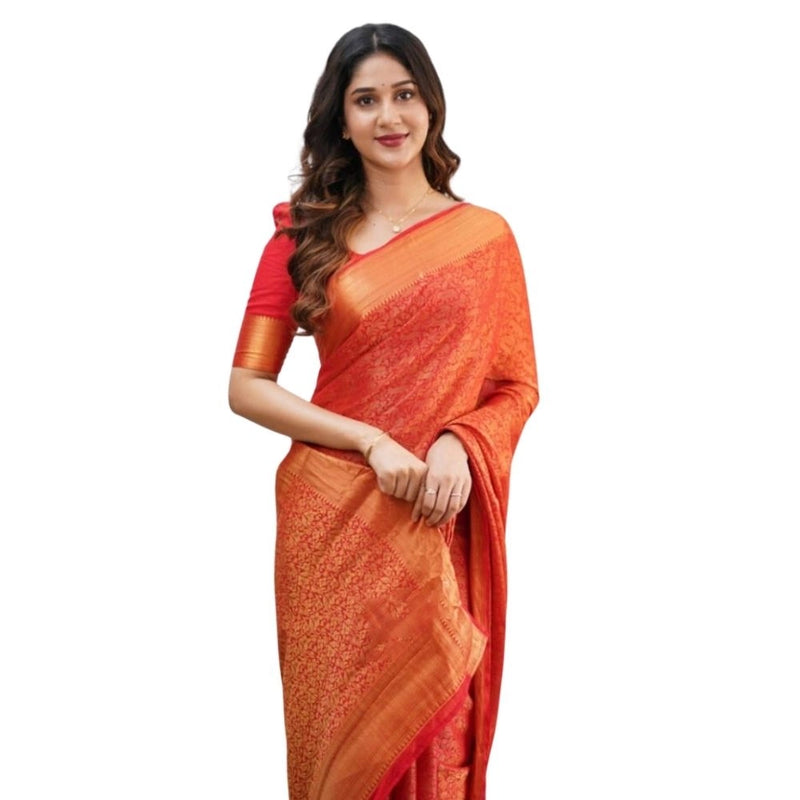 Mayawye Women's Silk Printed Saree With Unstitched Blouse 5.5Mtr (Orange)