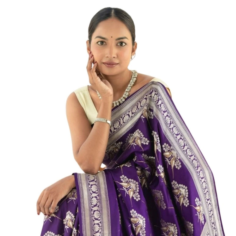 Mayawye Women's Silk Printed Saree With Unstitched Blouse 5.5Mtr (Purple)