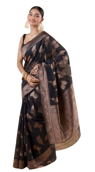 Mayawye Women's Silk Printed Saree With Unstitched Blouse 5.5Mtr (Black)