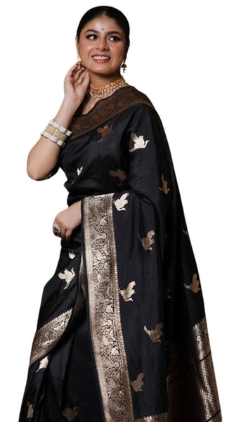 Mayawye Women's Silk Printed Saree With Unstitched Blouse 5.5Mtr (Black)