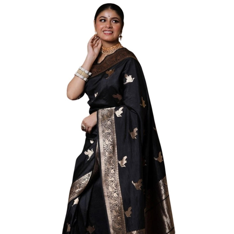 Mayawye Women's Silk Printed Saree With Unstitched Blouse 5.5Mtr (Black)