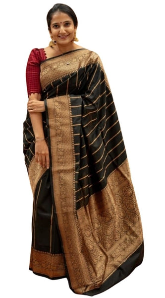 Mayawye Women's Silk Printed Saree With Unstitched Blouse 5.5Mtr (Black)