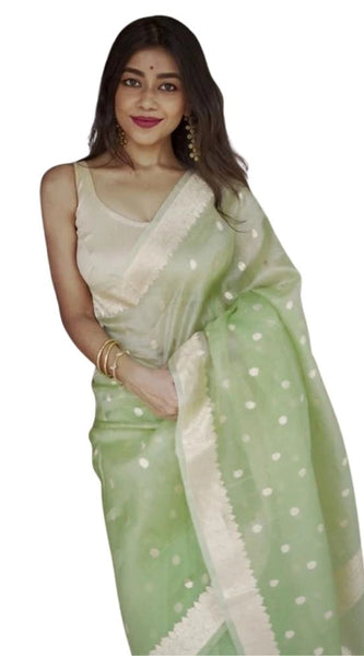 Mayawye Women's Cotton  Printed Saree With Unstitched Blouse 5.5Mtr (Pista)
