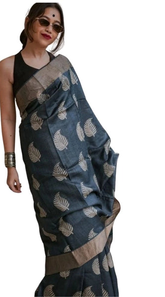 Mayawye Women's Silk Printed Saree With Unstitched Blouse 5.5Mtr (Black)