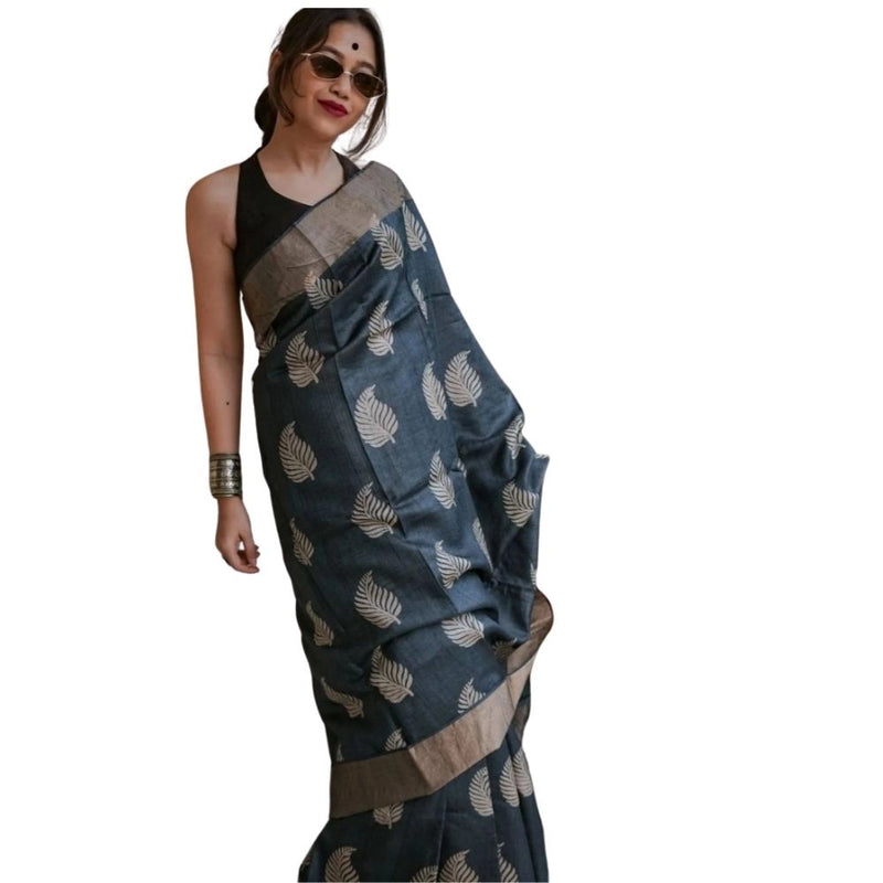 Mayawye Women's Silk Printed Saree With Unstitched Blouse 5.5Mtr (Black)