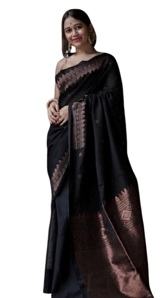 Mayawye Women's Silk Printed Saree With Unstitched Blouse 5.5Mtr (Black)
