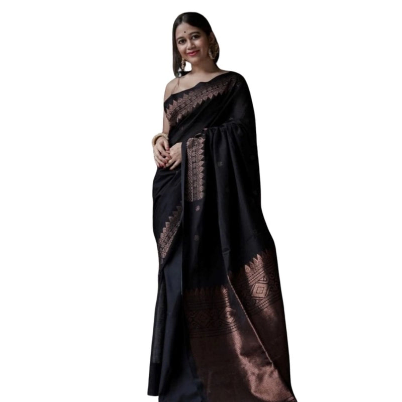 Mayawye Women's Silk Printed Saree With Unstitched Blouse 5.5Mtr (Black)