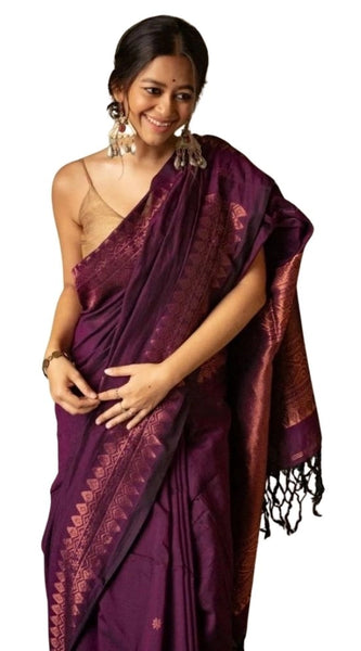 Mayawye Women's Silk Printed Saree With Unstitched Blouse 5.5Mtr (Wine)