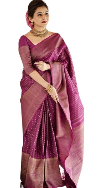 Mayawye Women's Silk Printed Saree With Unstitched Blouse 5.5Mtr (Purple)