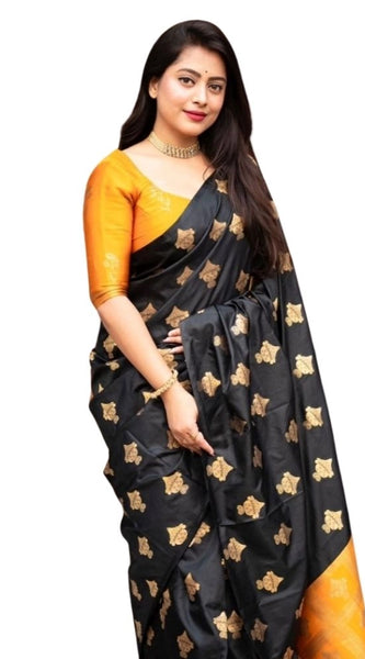 Mayawye Women's Silk Printed Saree With Unstitched Blouse 5.5Mtr (Yellow)