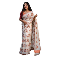 Mayawye Women's Silk Printed Saree With Unstitched Blouse 5.5Mtr (White-Orange)