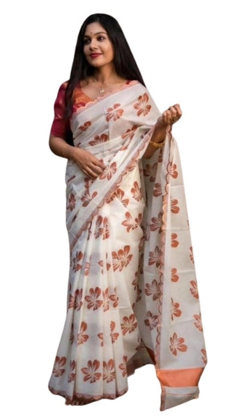 Mayawye Women's Silk Printed Saree With Unstitched Blouse 5.5Mtr (White-Orange)