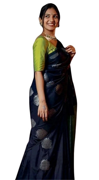 Mayawye Women's Silk Printed Saree With Unstitched Blouse 5.5Mtr (Navy Blue)