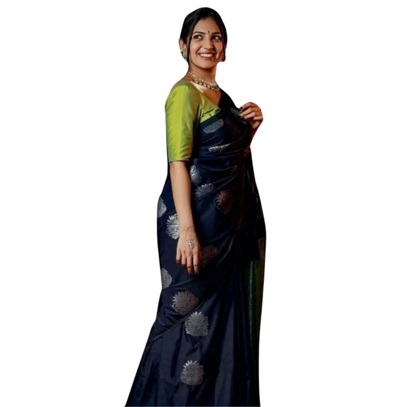Mayawye Women's Silk Printed Saree With Unstitched Blouse 5.5Mtr (Navy Blue)