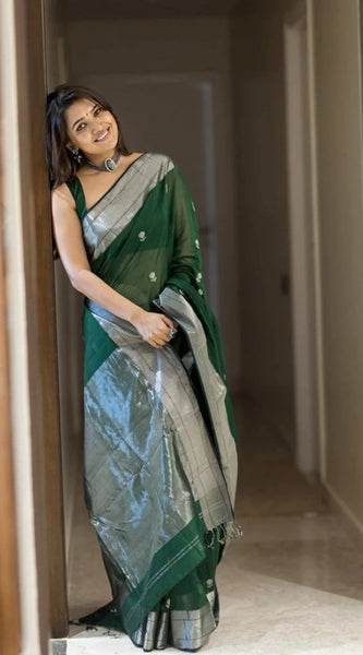 Mayawye Women's Cotton  Printed Saree With Unstitched Blouse 5.5Mtr (Green)