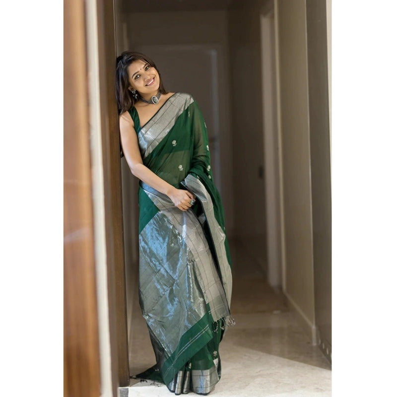 Mayawye Women's Cotton  Printed Saree With Unstitched Blouse 5.5Mtr (Green)