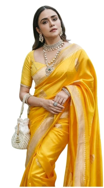 Mayawye Women's Silk Printed Saree With Unstitched Blouse 5.5Mtr (Yellow)