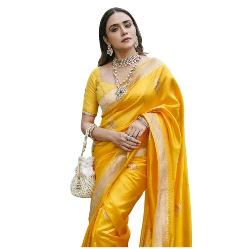 Mayawye Women's Silk Printed Saree With Unstitched Blouse 5.5Mtr (Yellow)