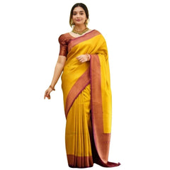 Mayawye Women's Silk Printed Saree With Unstitched Blouse 5.5Mtr (Yellow)