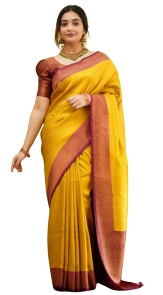 Mayawye Women's Silk Printed Saree With Unstitched Blouse 5.5Mtr (Yellow)